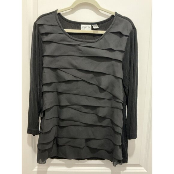 Chicos Travelers Blouse Size 3 (XL) Black Cascading Ruffles Front 1/2 Sleeve - Picture 1 of 5
